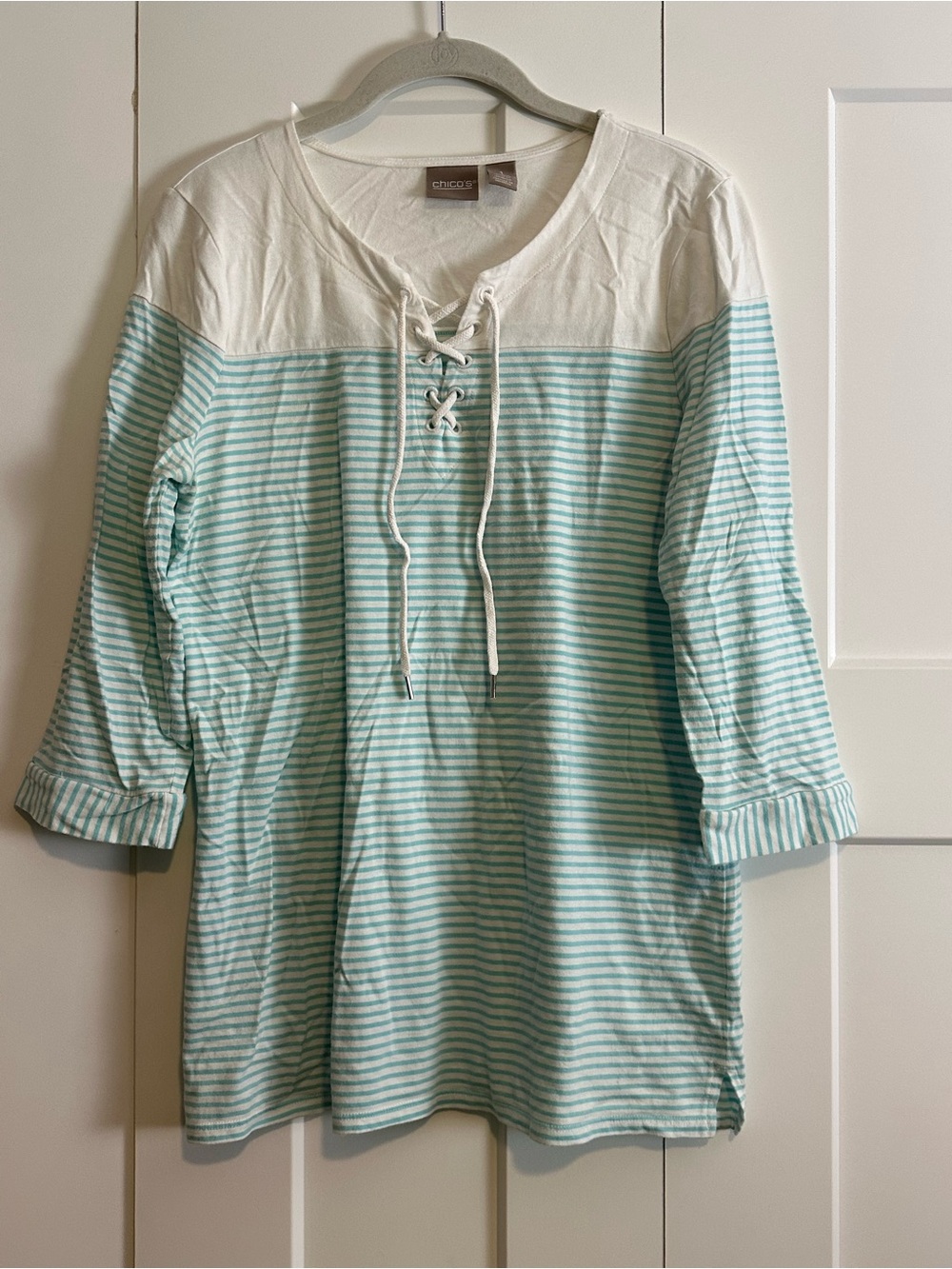 Chico's Blue and White Striped Lace-Up 3/4 Sleeve Top